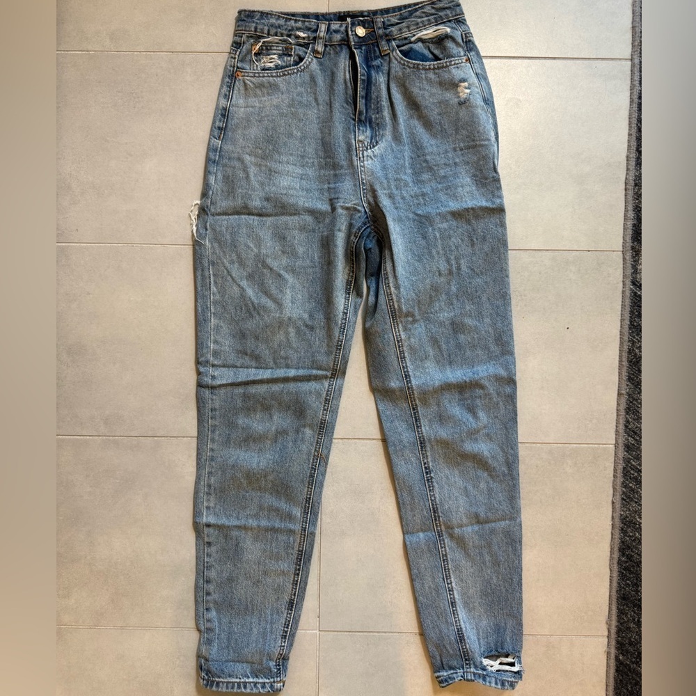 Missguided High Rise Blue Jeans with Distressed Details